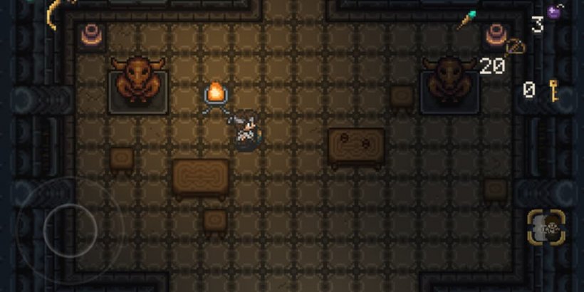 Airoheart dans un monastère près de statues de minotaures brandissant son bouclier