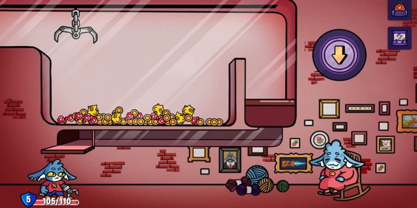 Sir Bunalot face à une grand-mère lapin dans un fauteuil à bascule avec du fil à proximité devant une machine à griffes pleine de potions dorées et de santé