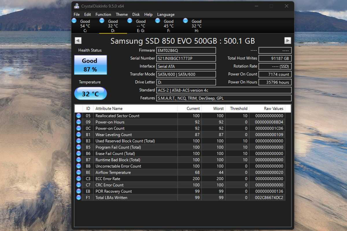 Crystalsiskinfo Health Check on Samsung SSD 850 EVO Capture d'écran