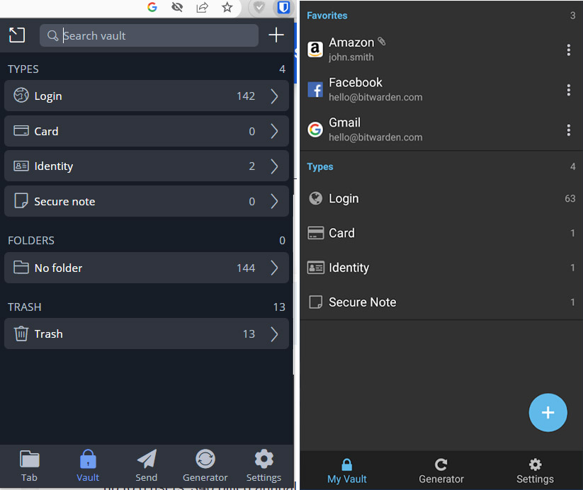 Interface utilisateur Bitwarden, extension du navigateur Chrome et Android