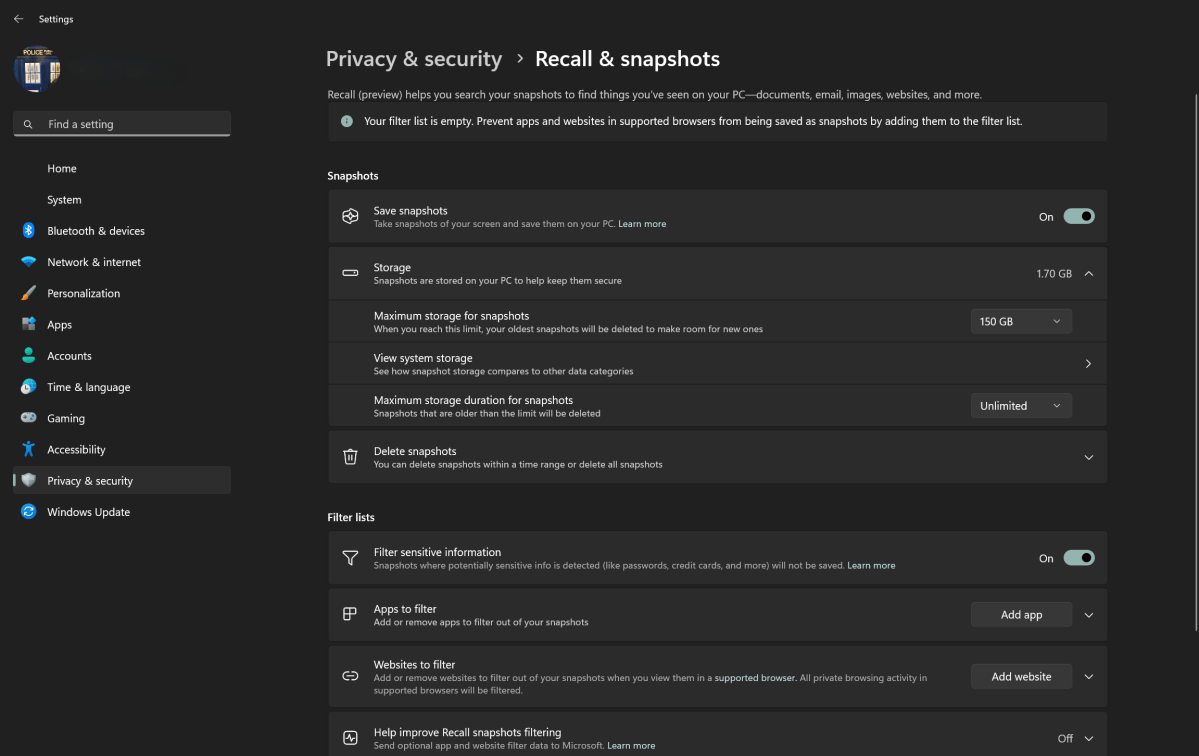 Capture d'écran Windows 11 de la taille du stockage pour les instantanés de rappel