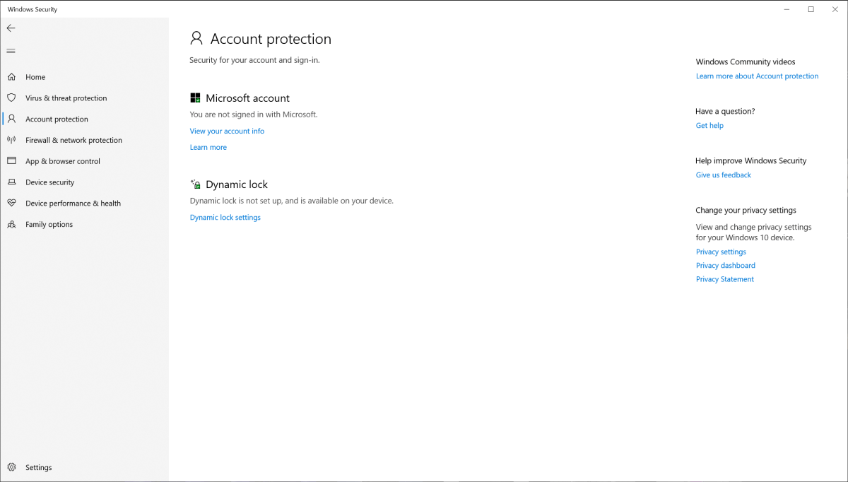 Écran de protection du compte Windows Security