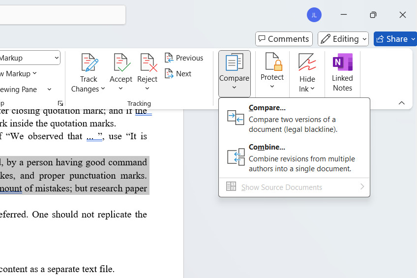 Fonctionnalité Microsoft Word Comparez et combinez la capture d'écran