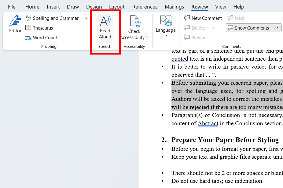 Fonctionnalité Microsoft Word Lire à haute voix Capture d'écran