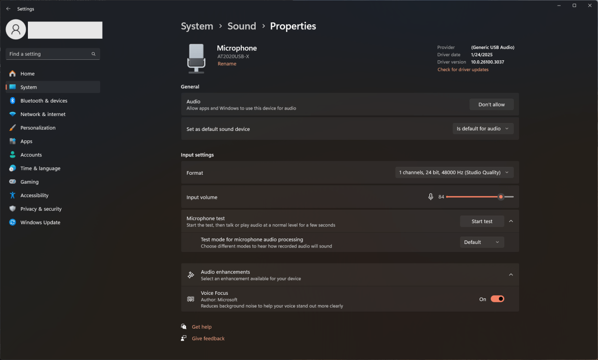Paramètres sonores de Windows 11 pour un microphone spécifique