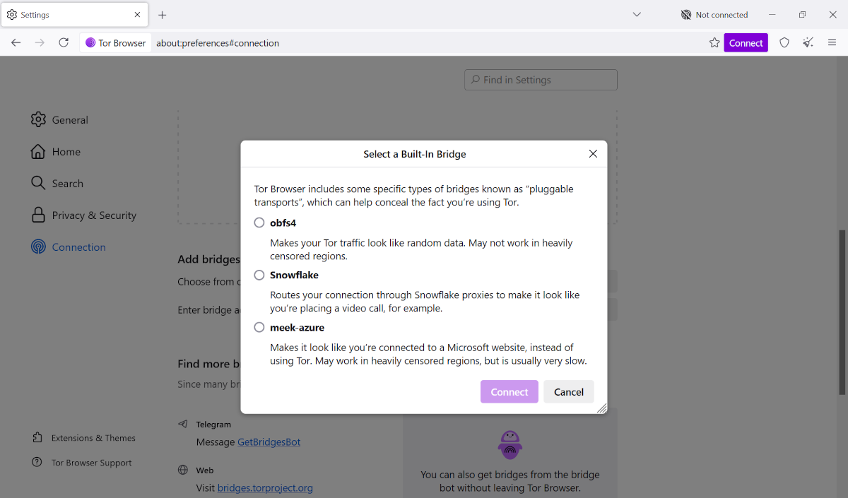 Paramètres de connexion du navigateur TOR pour capture d'écran des ponts intégrés