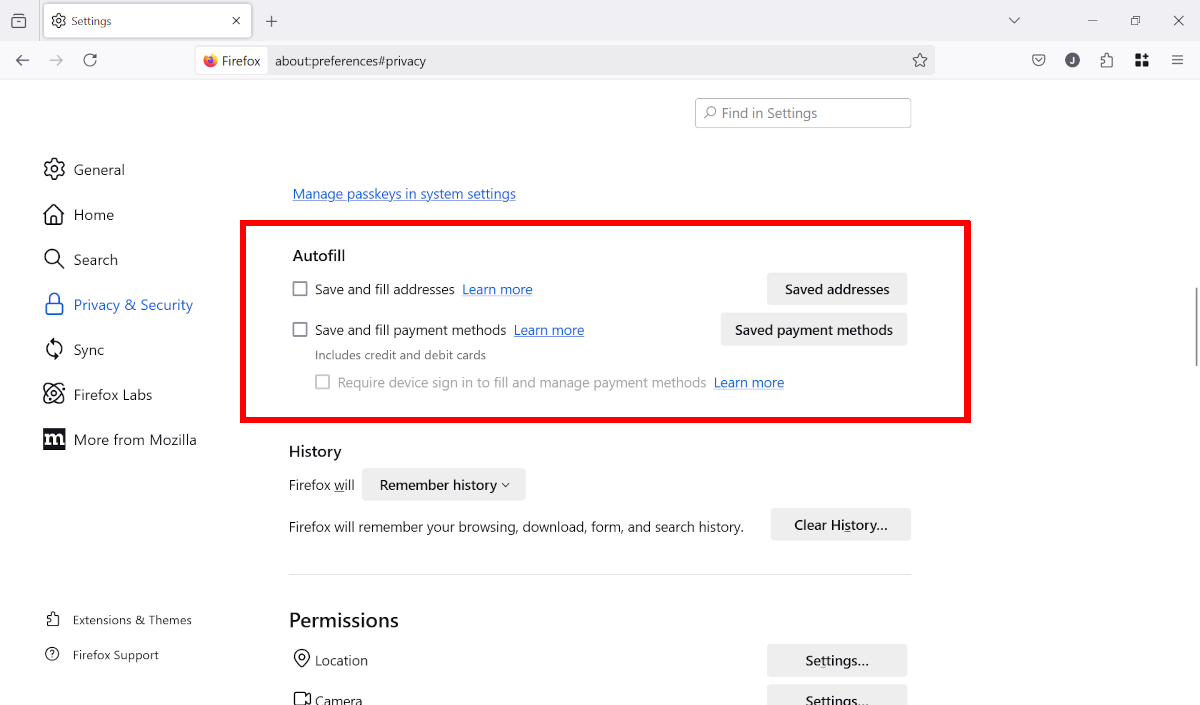 Paramètres de confidentialité de Firefox décochez la capture d'écran des options de mise au point automatique