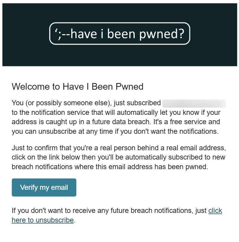 Ai-je été pwned - notification inscrire le message de vérification par e-mail