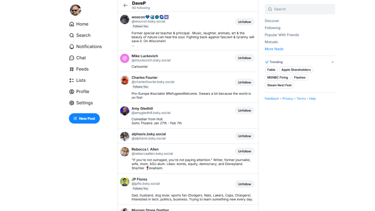 Bluesky Suivre la capture d'écran des comptes