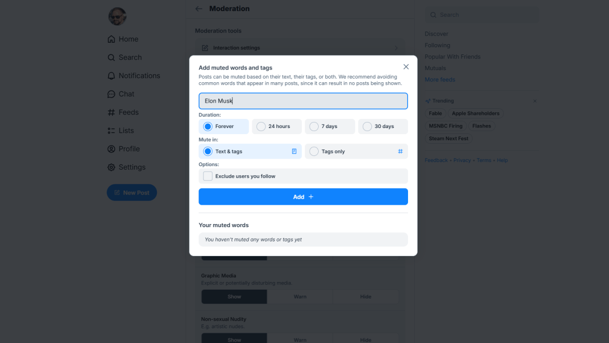 Bluesky muet certains mots capture d'écran