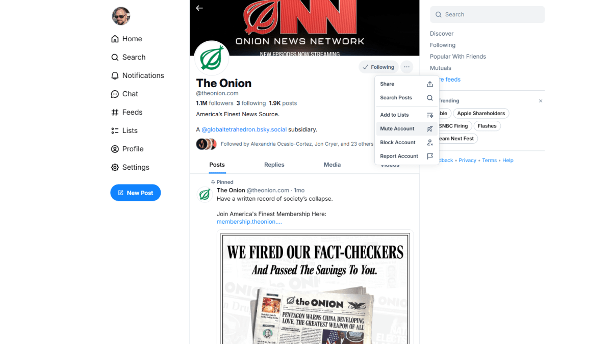 Captures d'écran des comptes Bluesky Mute Block