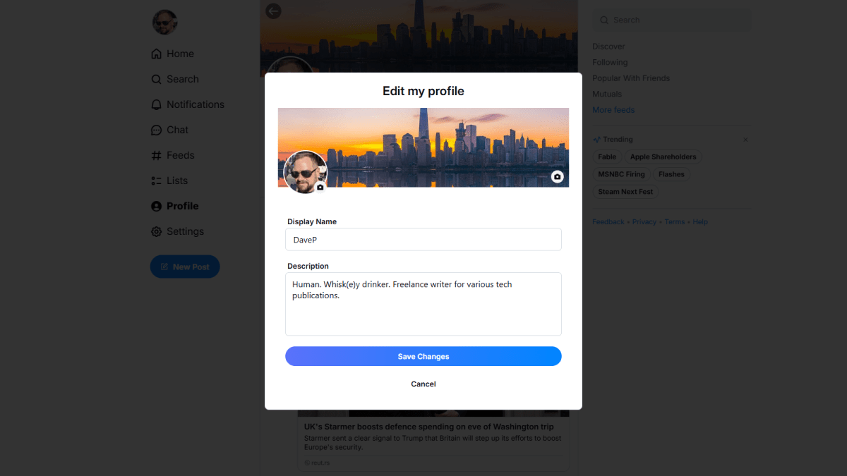 Bluesky Modifiez votre capture d'écran de profil