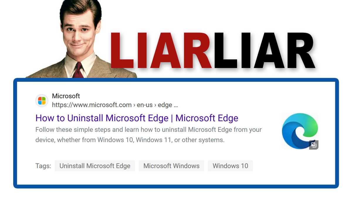 Microsoft Edge Recherche Résultat pour "Comment désinstaller Microsoft Edge," avec Jim Carrey et 'Liar Liar" texte ci-dessus