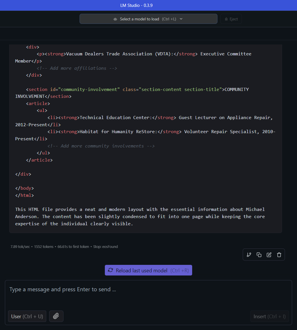 Capture d'écran LM Studio Slow HTML Token Generation Speed