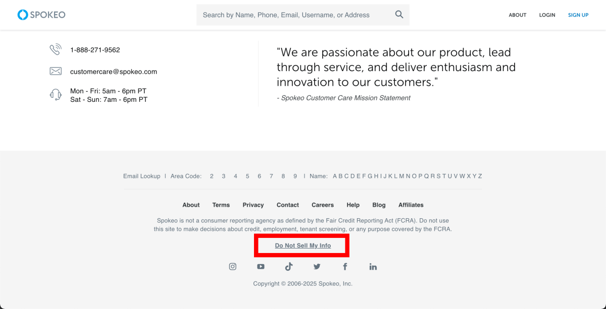 Site Web Spokeo avec ne vend pas mon lien d'informations mis en évidence en rouge