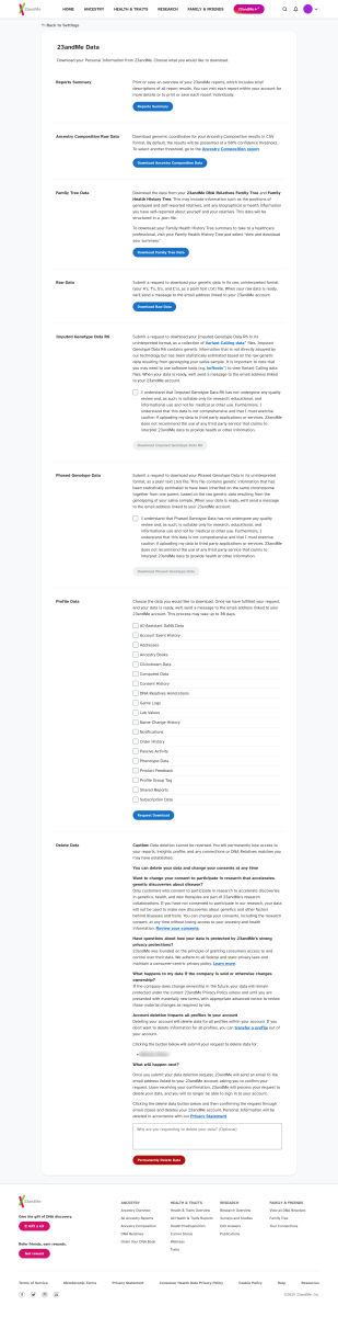 Écran des paramètres de données 23andMe (paramètres complets)