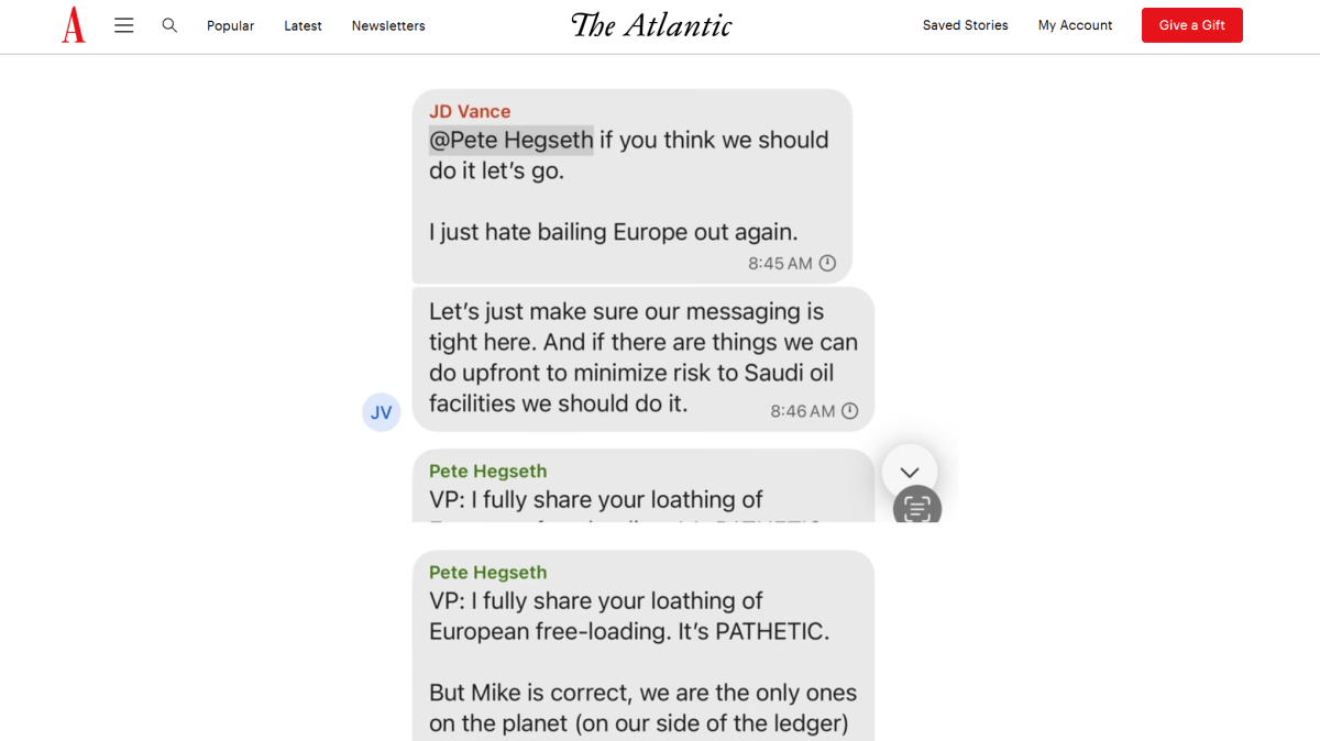 Une capture d'écran de l'article de l'Atlantique sur le bombardement du Yémen - cette capture d'écran a été tirée du groupe de signaux discutant de l'action américaine contre le Yémen