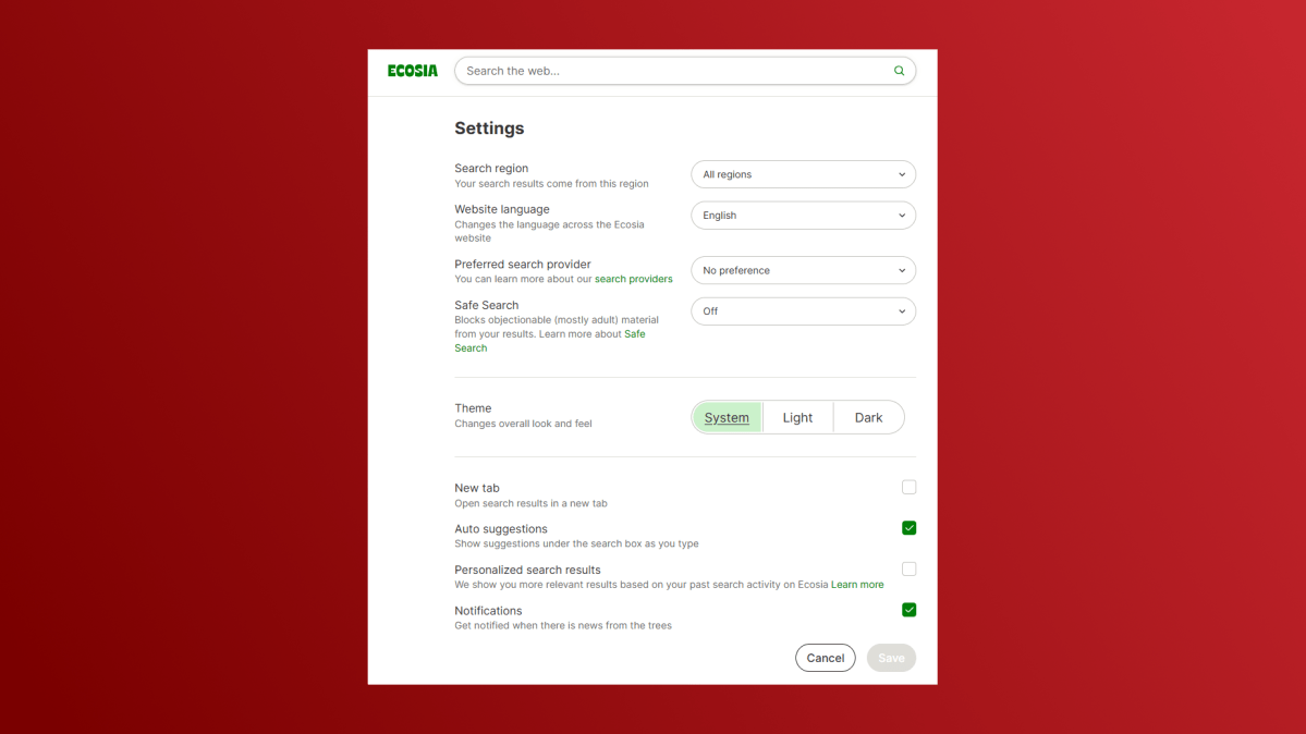 Capture d'écran des paramètres généraux de recherche d'écosia