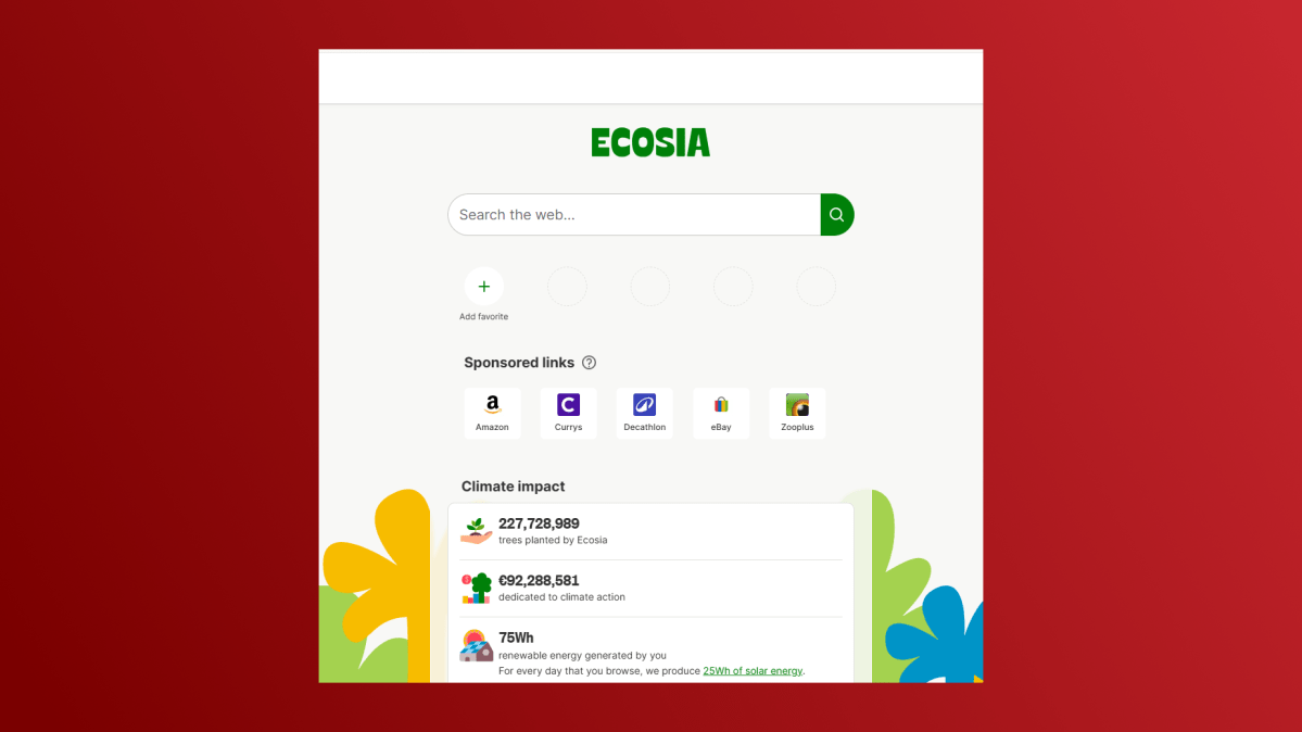Capture d'écran de la barre de recherche sur le navigateur Web Ecosia