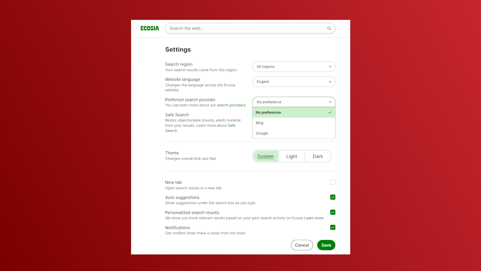 Paramètres de recherche d'écosia Préférer la capture d'écran du fournisseur