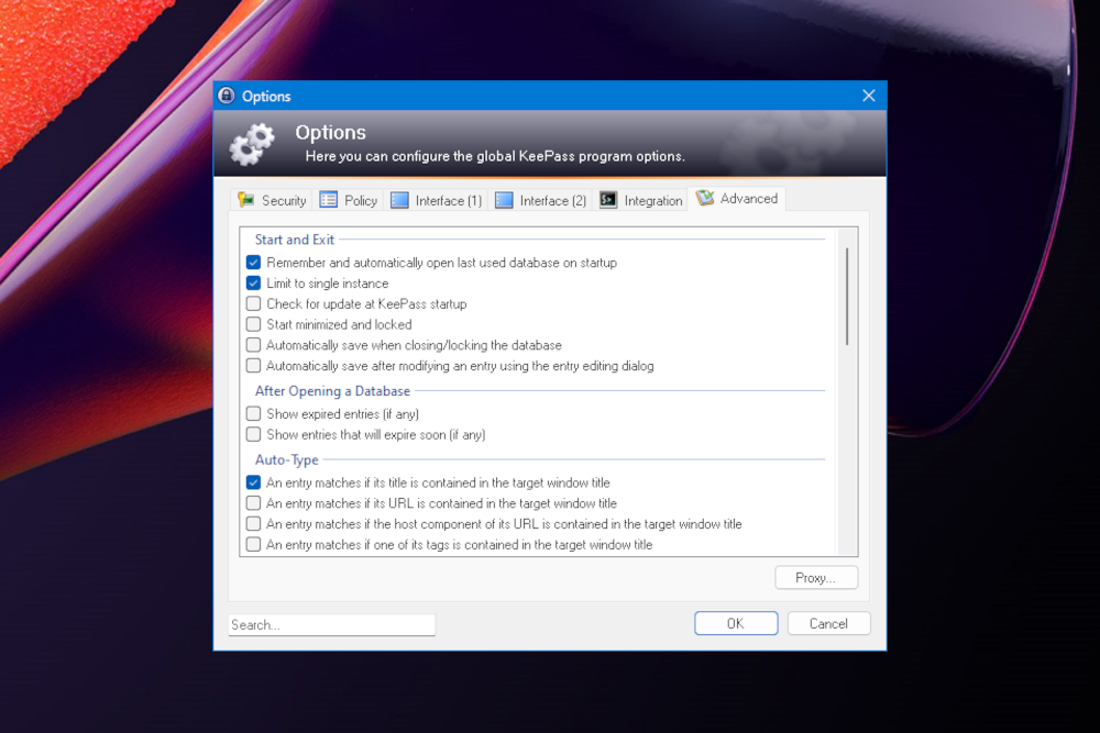 Capture d'écran Options du programme Global Global Keepass