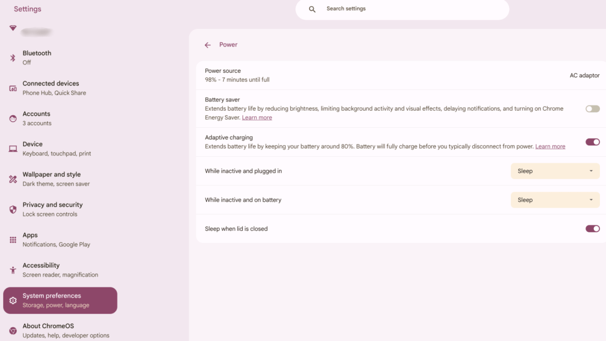 Capture d'écran Paramètres d'alimentation du système Chromebook
