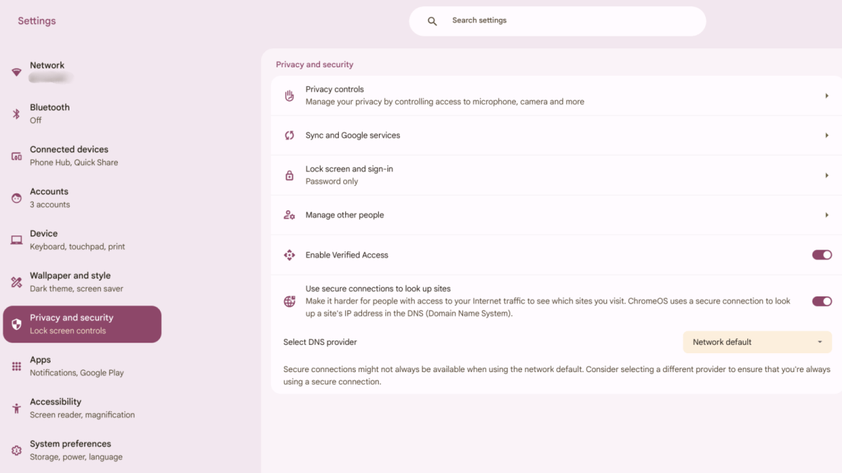 Capture d'écran des paramètres de confidentialité et de sécurité de Chromebook