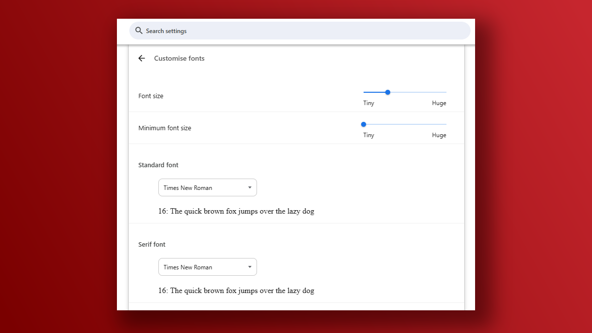 Paramètres Google Chrome Polices et tailles de police Capture d'écran