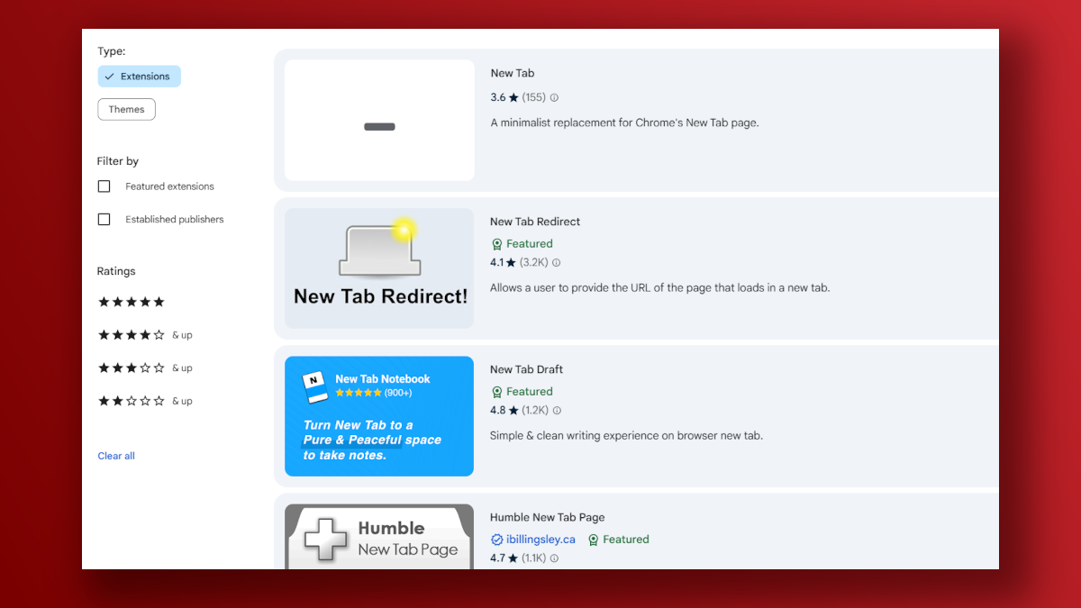 Google Chrome Nouvelles extensions d'onglet Capture d'écran