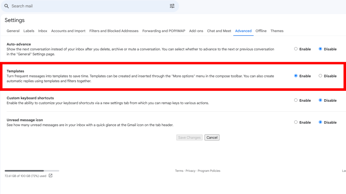 Gmail Fonctionne les modèles de messagerie dans les paramètres Capture d'écran