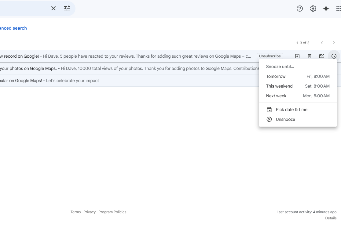 Gmail propose des e-mails de répétition dans la capture d'écran d'action