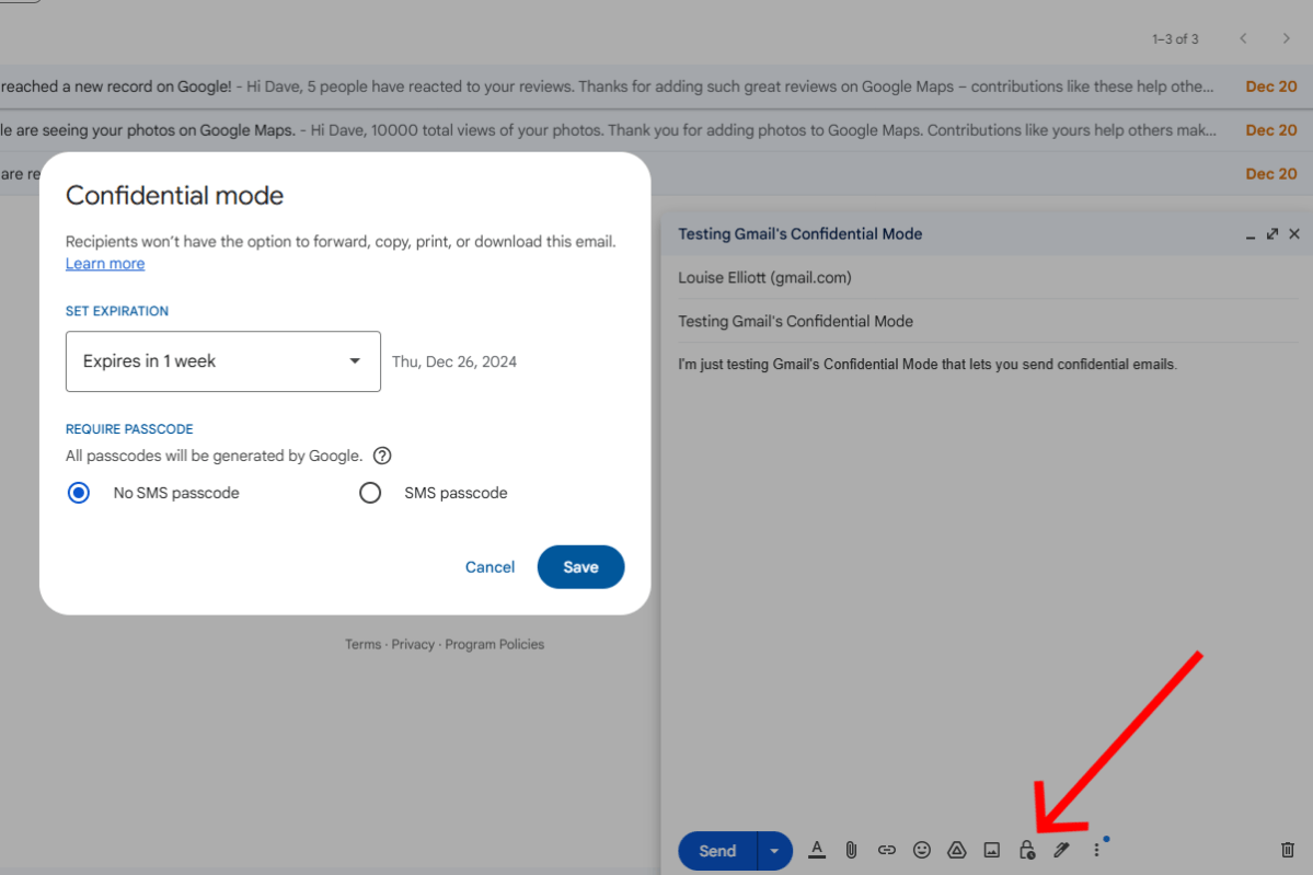 Gmail propose le mode confidentiel en action Capture d'écran