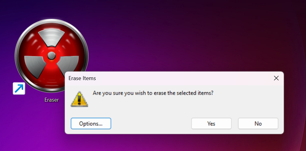 Eraser App Effacement des éléments sélectionnés sur une capture d'écran de lecteur de stockage