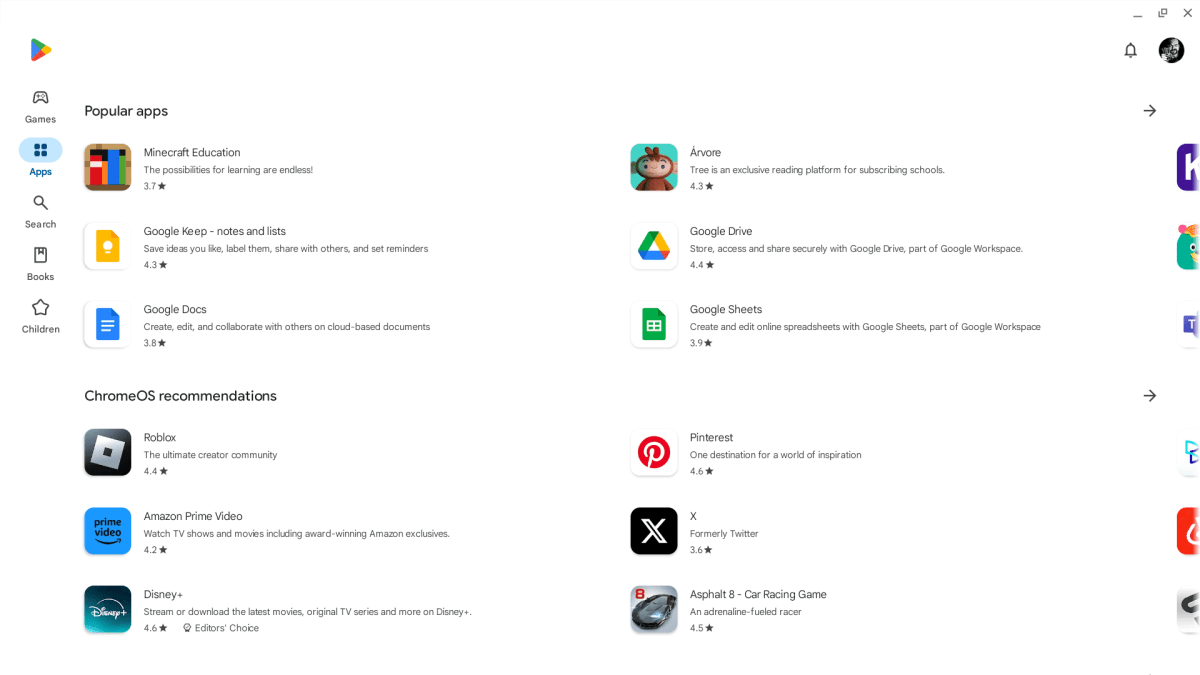 Page de navigation des applications Android dans la capture d'écran Chrome Play Store