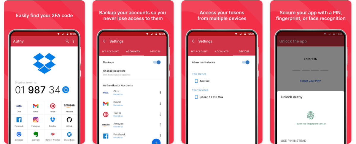 Captures d'écran des fonctionnalités de l'application Authy 2FA de la boutique Google Play