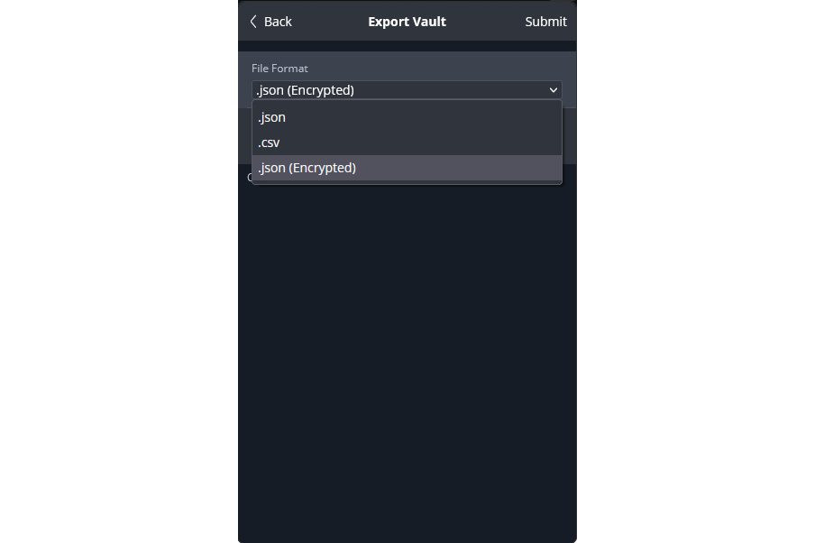 Fonctionnalité d'exportation de Bitwarden dans l'extension du navigateur de l'entreprise