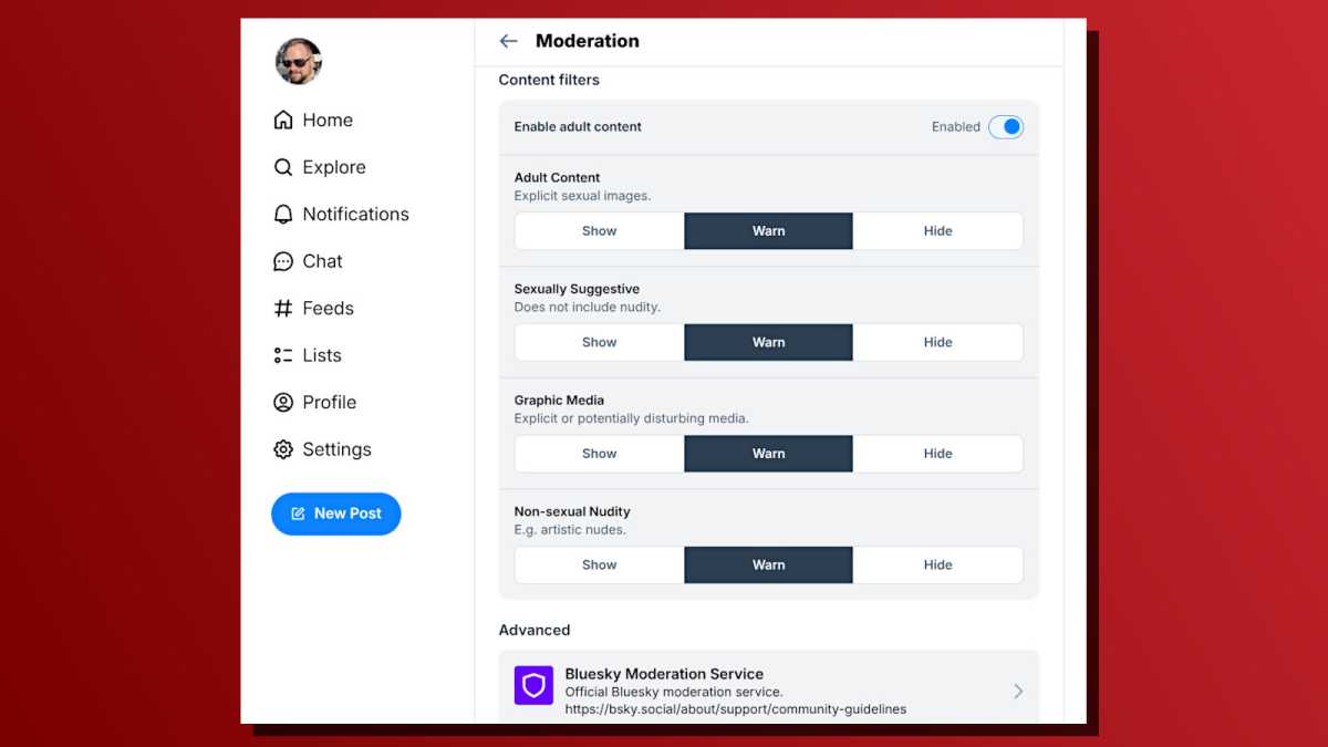 Capture d'écran des options de modération bluesky
