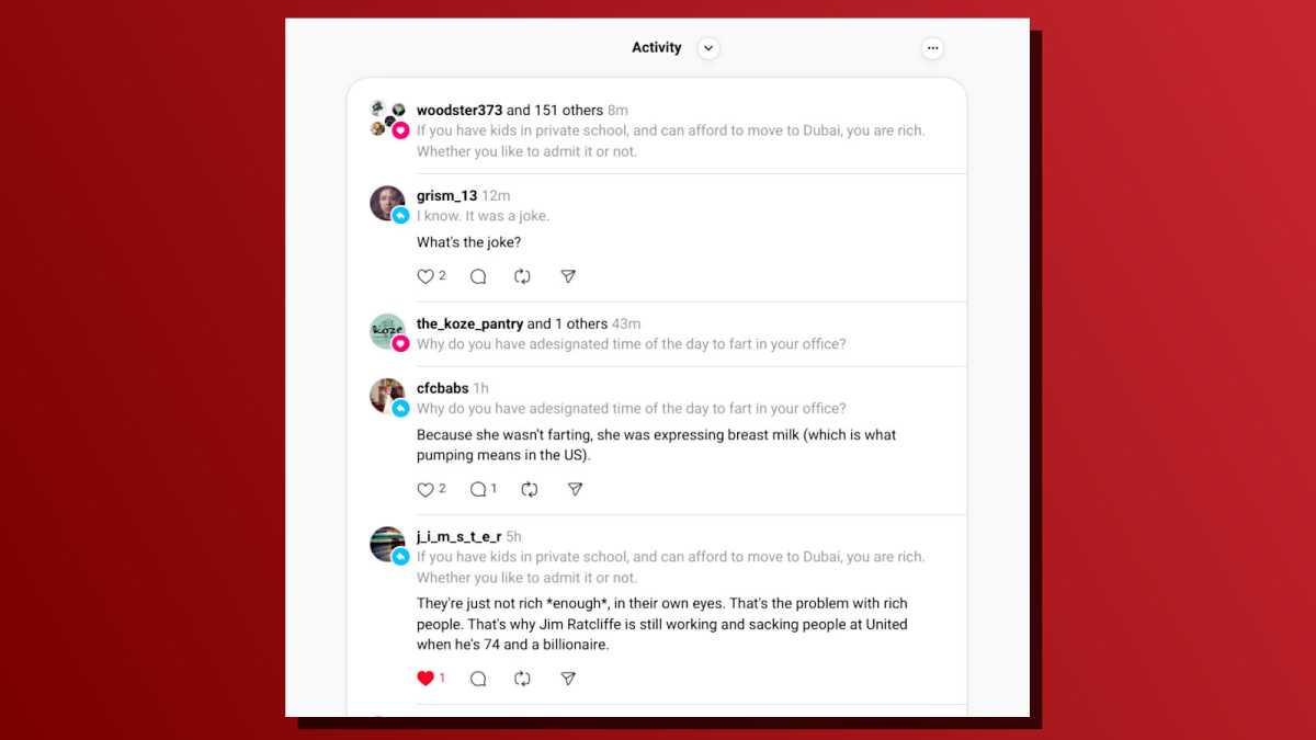 Threads Niveaux d'engagement de l'utilisateur Capture d'écran