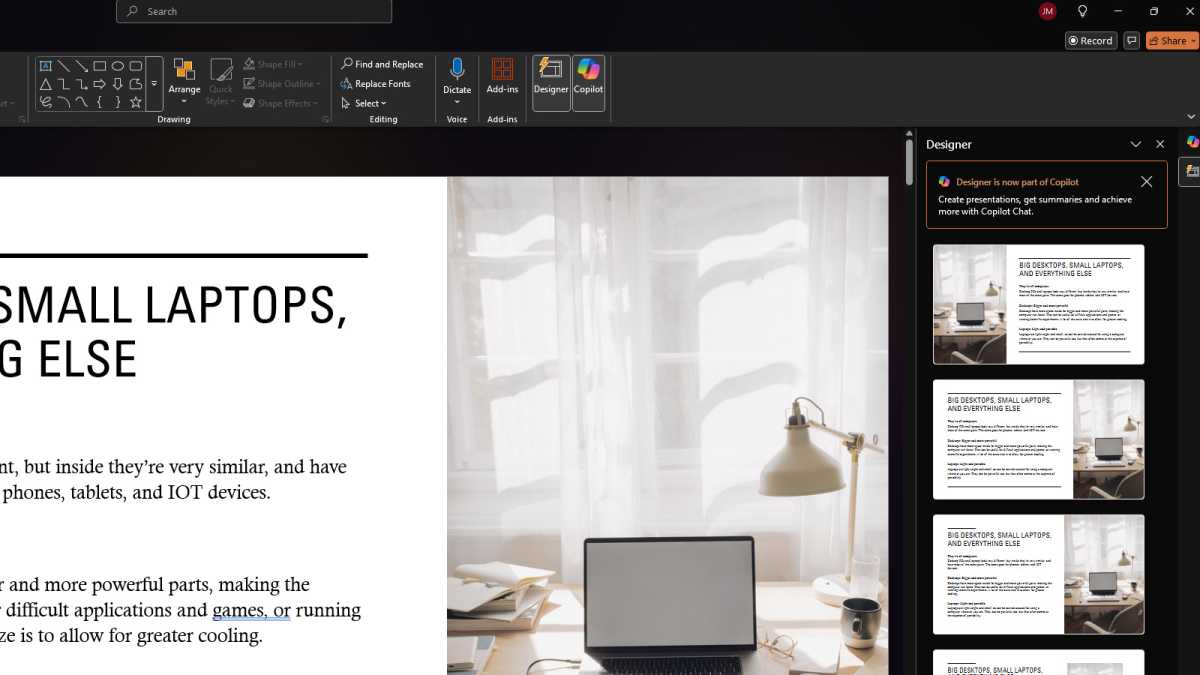 Exemple de copilote Microsoft 365 et concepteur dans les diapositives PowerPoint