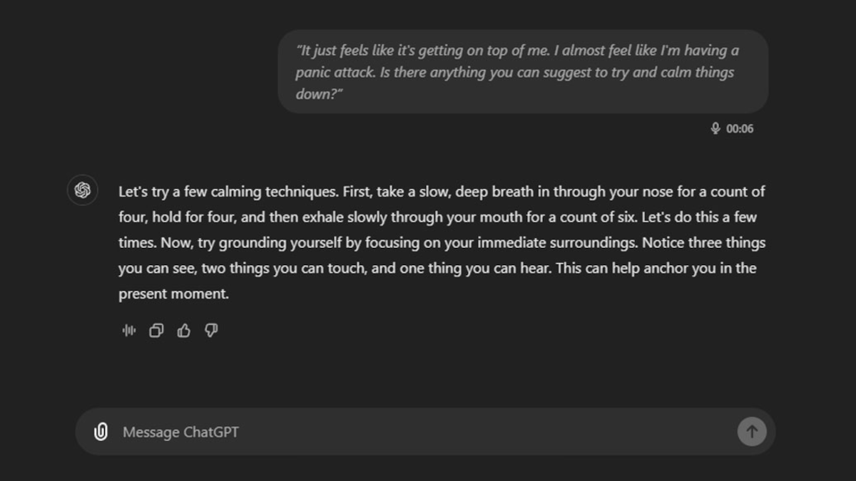 Chatgpt réel réel Utiliser la capture d'écran de conseils de thérapie virtuelle