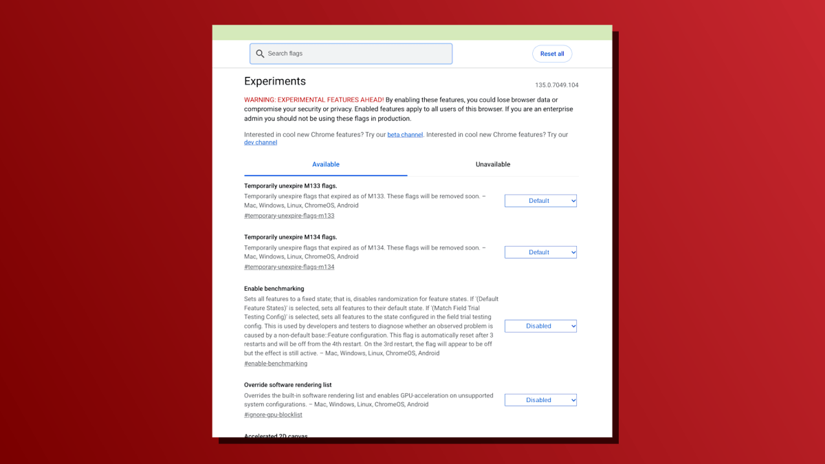 Chromeos Flags pour les caractéristiques expérimentales Capture d'écran