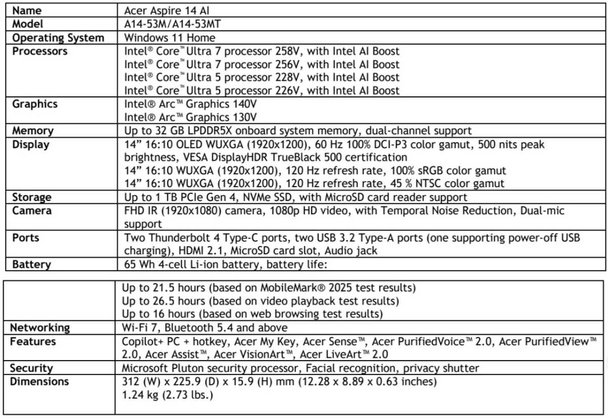 Acer aspire 14 AI Intel Core Ultra 200