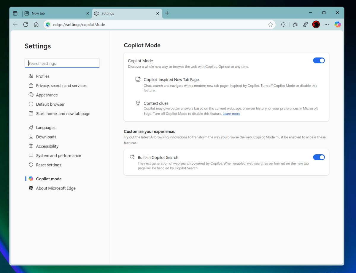 Paramètres du mode Copilot Microsoft Edge