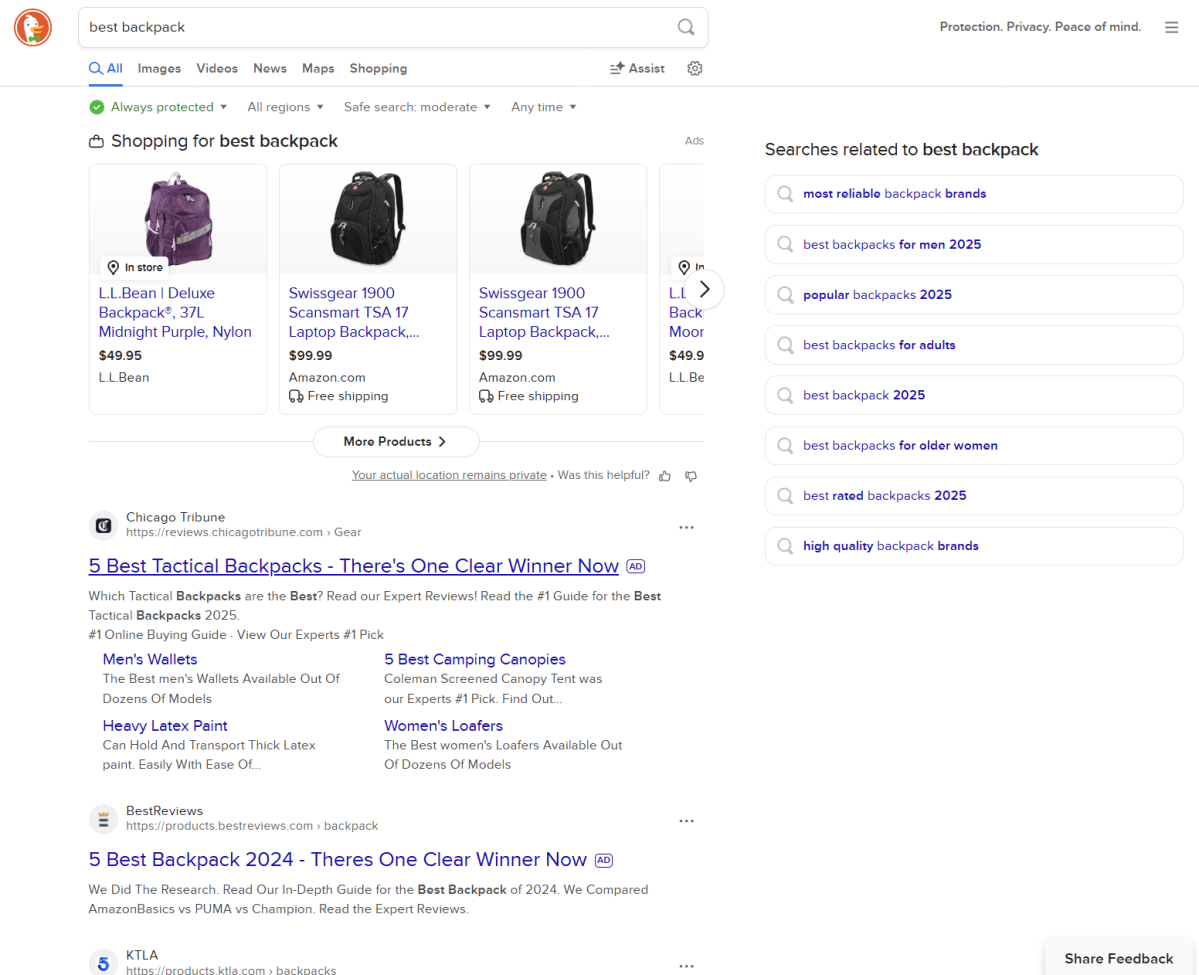 Duckduckgo recherche de sacs à dos, avec publicité