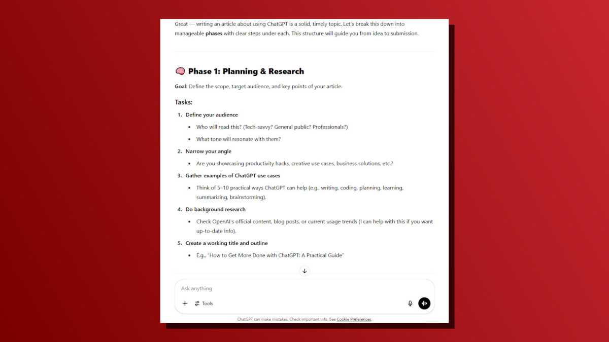 Capture d'écran du projet de planification des tâches Chatgpt