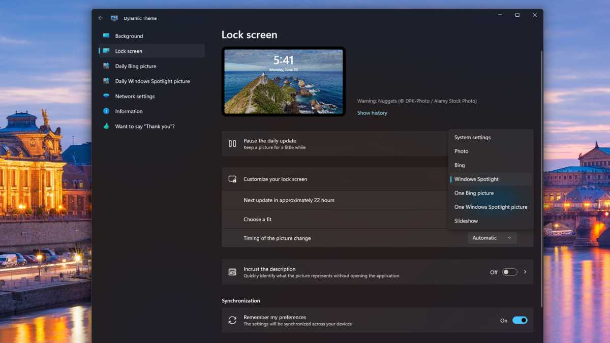 Capture d'écran de la source d'écran de verrouillage du thème dynamique
