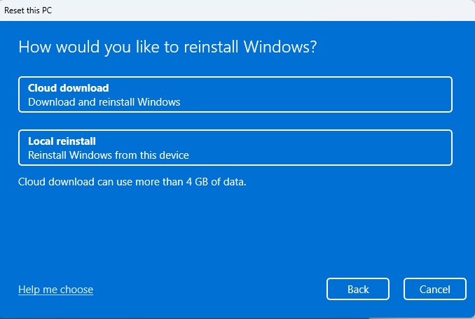 Téléchargement du cloud de réinitialisation de Windows