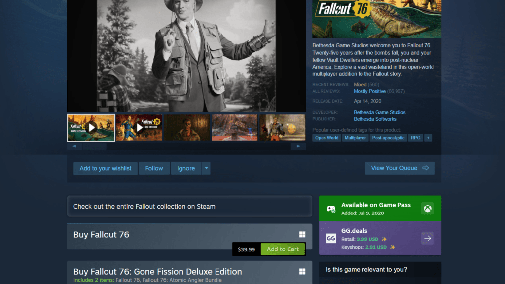 Steam page for Fallout 76 with Is It On Game Pass extension