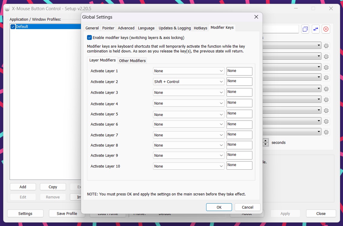 Contrôles de calque dans le contrôle du bouton X-Mouse