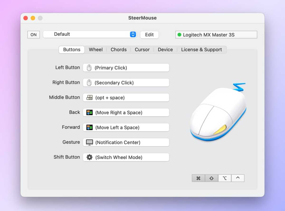 Écran de configuration de Steermouse